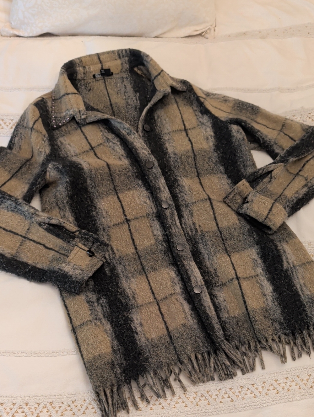 Teddy Plaid Fringe Shacket Jacket in Taupe & Charcoal